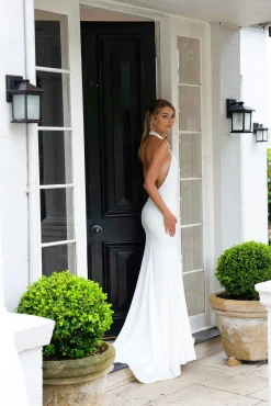 LILIAN High Neck Backless Satin Gown - Ivory