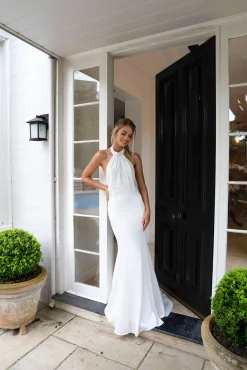 LILIAN High Neck Backless Satin Gown - Ivory