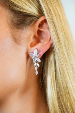LOLA Bridal Floral Leaf Drop Earrings in Silver