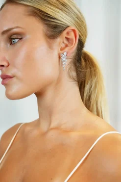 LOLA Bridal Floral Leaf Drop Earrings in Silver