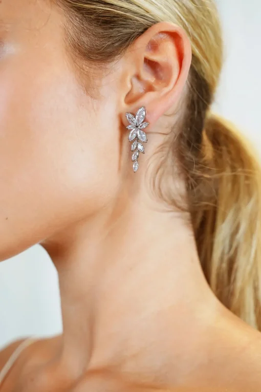 LOLA Bridal Floral Leaf Drop Earrings in Silver