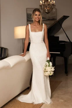 LUCA Square Neck Embellished Gown - Ivory