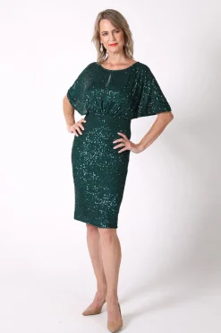 Margaret Butterfly-Sleeve Sequin Midi Dress - Emerald Green