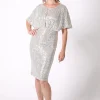 Margaret Butterfly-Sleeve Sequin Midi Dress - Silver