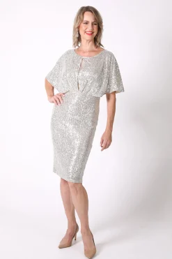 Margaret Butterfly-Sleeve Sequin Midi Dress - Silver