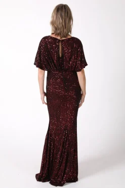 Margaret Butterfly-Sleeve Sequin Maxi Dress - Burgundy