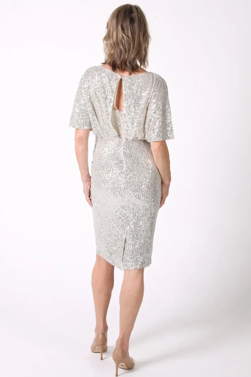 Margaret Butterfly-Sleeve Sequin Midi Dress - Silver