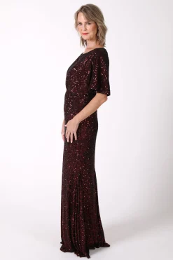 Margaret Butterfly-Sleeve Sequin Maxi Dress - Burgundy