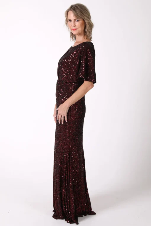 Margaret Butterfly-Sleeve Sequin Maxi Dress - Burgundy