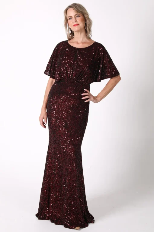 Margaret Butterfly-Sleeve Sequin Maxi Dress - Burgundy