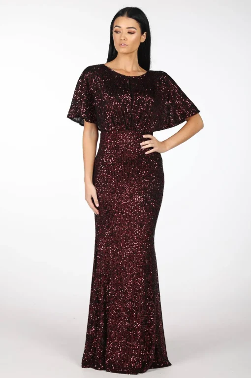 Margaret Butterfly-Sleeve Sequin Maxi Dress - Burgundy