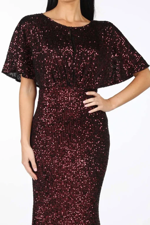 Margaret Butterfly-Sleeve Sequin Maxi Dress - Burgundy