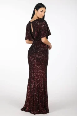 Margaret Butterfly-Sleeve Sequin Maxi Dress - Burgundy