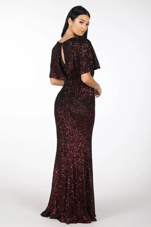 Margaret Butterfly-Sleeve Sequin Maxi Dress - Burgundy