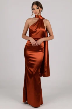 MARGOT Scarf Neck Satin Maxi Dress - Burnt Orange
