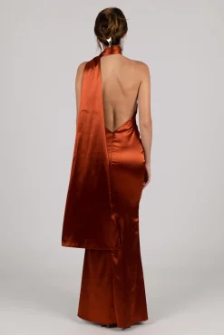 MARGOT Scarf Neck Satin Maxi Dress - Burnt Orange