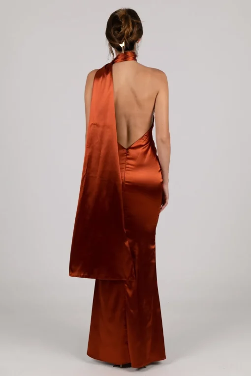 MARGOT Scarf Neck Satin Maxi Dress - Burnt Orange