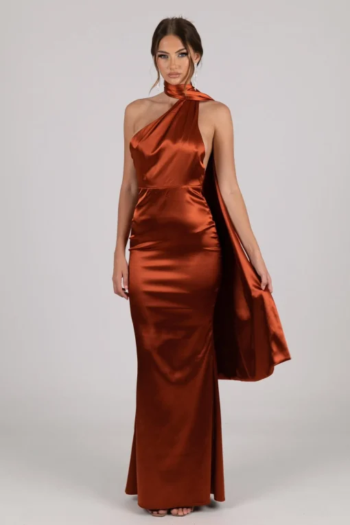 MARGOT Scarf Neck Satin Maxi Dress - Burnt Orange