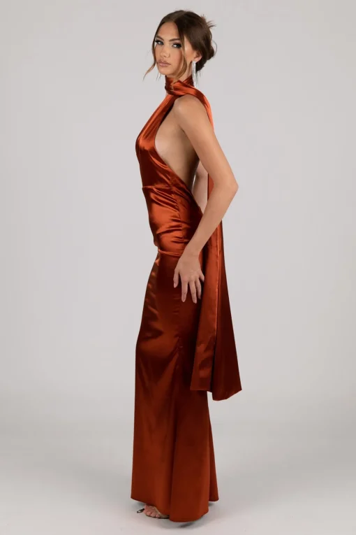 MARGOT Scarf Neck Satin Maxi Dress - Burnt Orange
