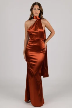 MARGOT Scarf Neck Satin Maxi Dress - Burnt Orange