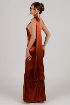 MARGOT Scarf Neck Satin Maxi Dress - Burnt Orange