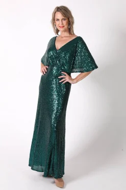 Martha Butterfly-Sleeve Sequin Maxi Dress - Emerald Green