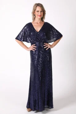 Martha Butterfly-Sleeve Sequin Maxi Dress - Navy