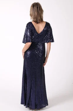 Martha Butterfly-Sleeve Sequin Maxi Dress - Navy