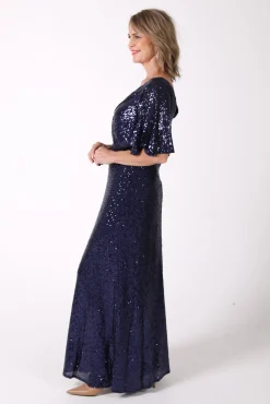 Martha Butterfly-Sleeve Sequin Maxi Dress - Navy