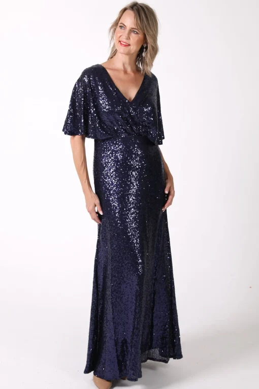 Martha Butterfly-Sleeve Sequin Maxi Dress - Navy