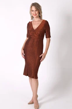 Matilda V-Neck Sleeve Midi Dress - Shimmer Copper