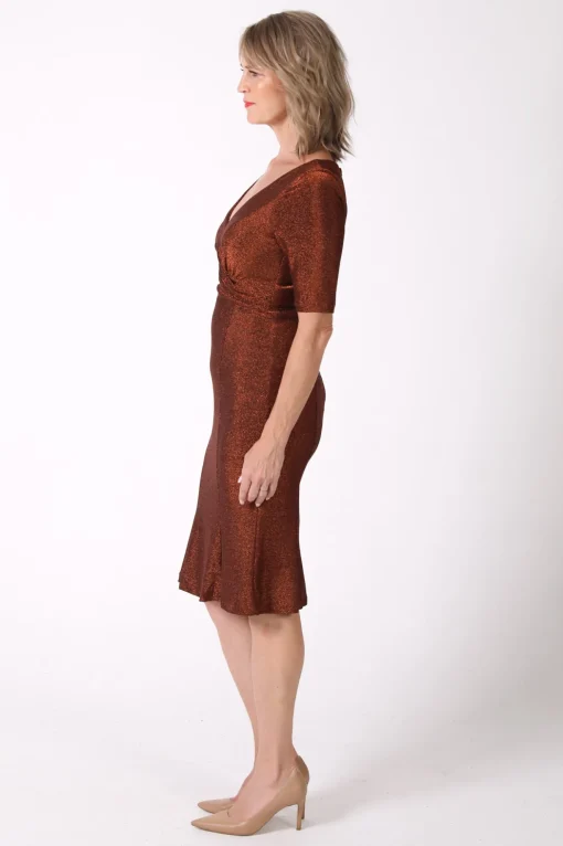 Matilda V-Neck Sleeve Midi Dress - Shimmer Copper