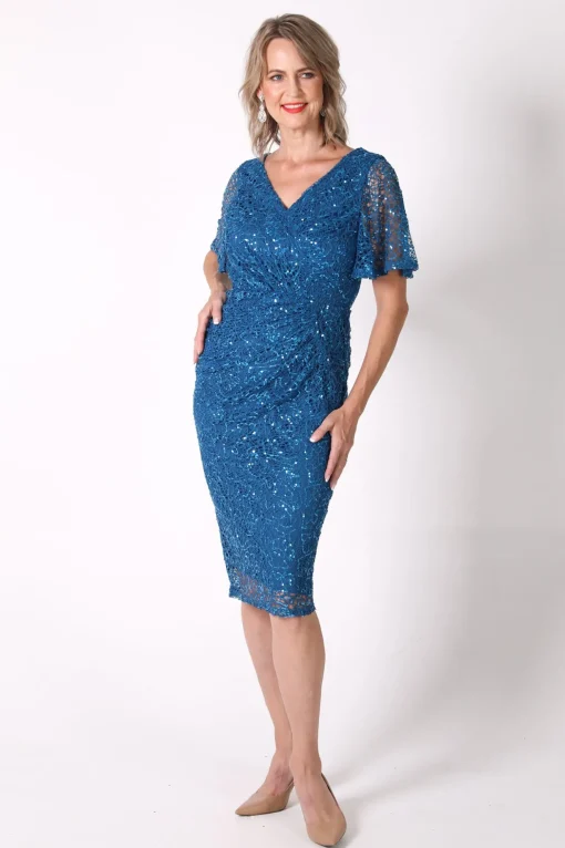 Meredith V-Neck Sequin Midi Dress - Teal