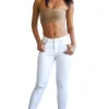 Mid Waist Skinny Jeans Ripped Knees - White