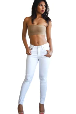 Mid Waist Skinny Jeans Ripped Knees - White