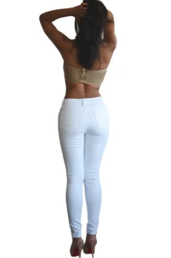 Mid Waist Skinny Jeans Ripped Knees - White