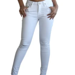 Mid Waist Skinny Jeans Ripped Knees - White