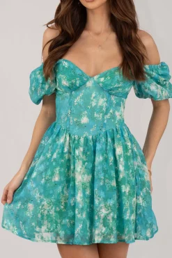 Miyah Puff Sleeve Mini Dress - Green Floral