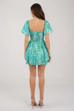 Miyah Puff Sleeve Mini Dress - Green Floral