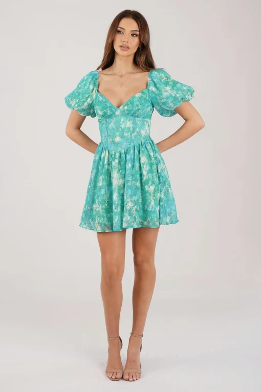 Miyah Puff Sleeve Mini Dress - Green Floral