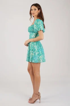 Miyah Puff Sleeve Mini Dress - Green Floral