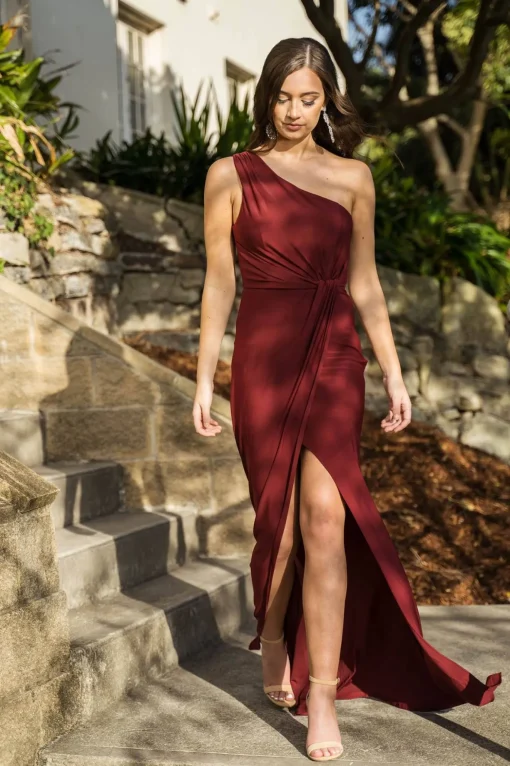 NELIA One Shoulder Maxi Column Dress - Wine