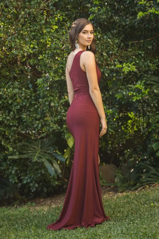 NELIA One Shoulder Maxi Column Dress - Wine