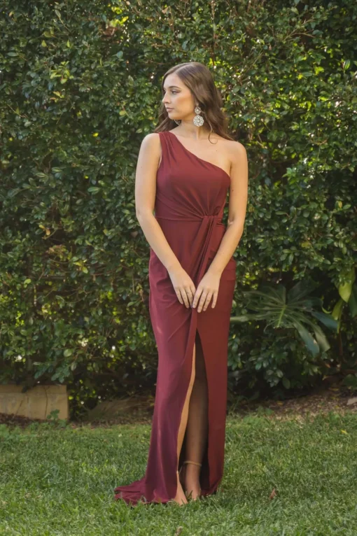 NELIA One Shoulder Maxi Column Dress - Wine