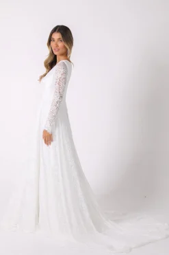 NISHA Long Sleeve A-Line Lace Gown - White