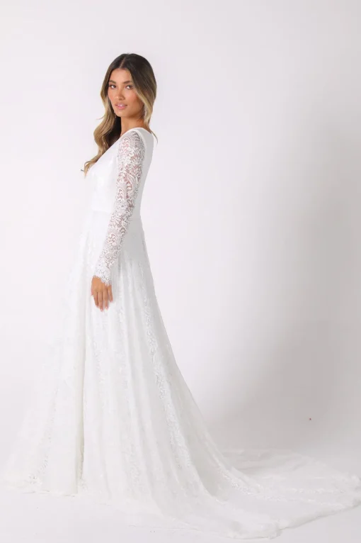 NISHA Long Sleeve A-Line Lace Gown - White