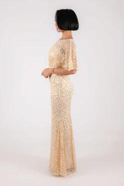 Opal Butterfly-Sleeve Sequin Maxi Dress - Beige