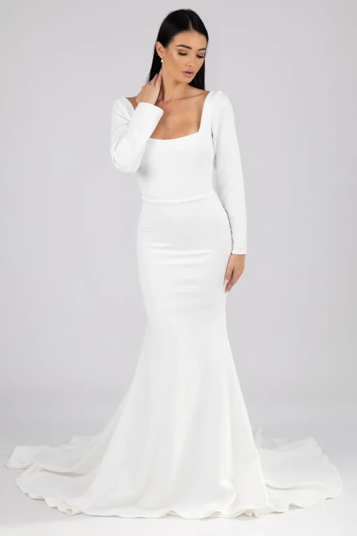 Paola Square Neck Long-Sleeve Crepe Gown - Ivory