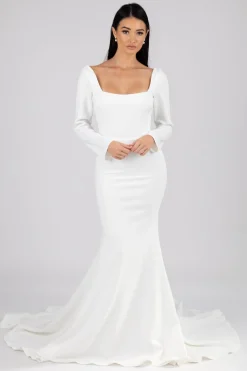 Paola Square Neck Long-Sleeve Crepe Gown - Ivory