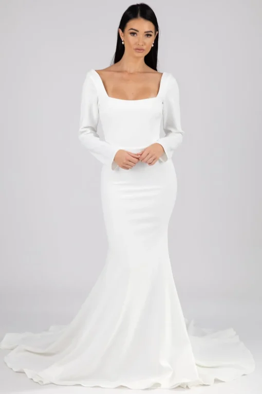 Paola Square Neck Long-Sleeve Crepe Gown - Ivory